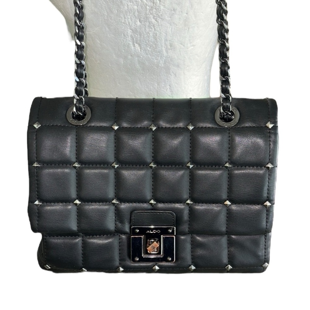 Aldo Olelirin Black Quilted Vegan Leather Silver Studded Crossbody Shoulder Bag - Picture 4 of 16